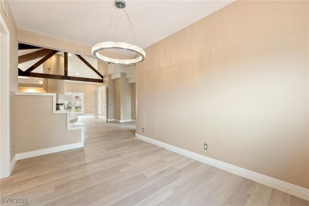 Empty room, Interior, Pendant Lights, Recessed Lighting, Wooden Beams, Wood Texture Flooring