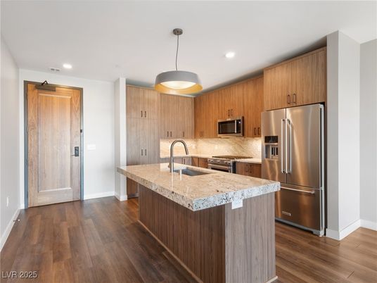 Interior, Kitchen, Pendant Lights, Recessed Lighting, Stainless Steel Appliances, Wood Texture Flooring
