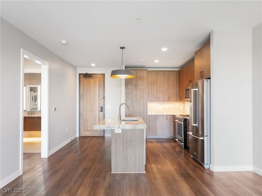 Interior, Kitchen, Pendant Lights, Recessed Lighting, Stainless Steel Appliances, Wood Texture Flooring