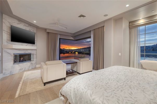 Bedroom, Fireplace, Home Office, Interior, Recessed Lighting, Wood Texture Flooring