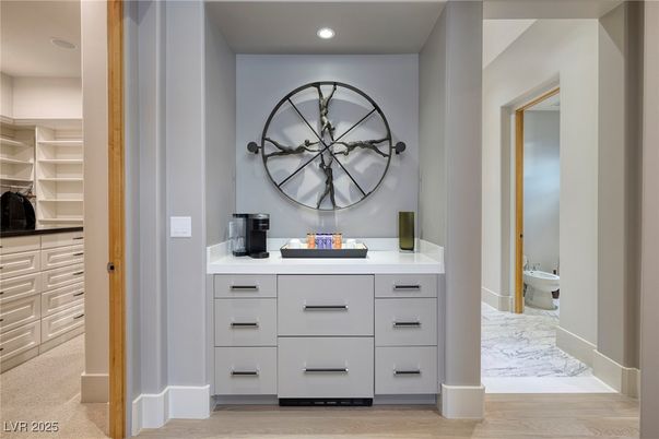 Bathroom, Interior, Marble, Recessed Lighting, Walk-in Closets, Wood Texture Flooring