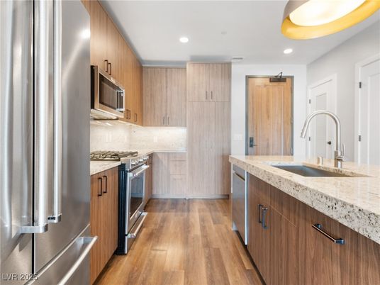 Interior, Kitchen, Recessed Lighting, Stainless Steel Appliances, Wood Texture Flooring