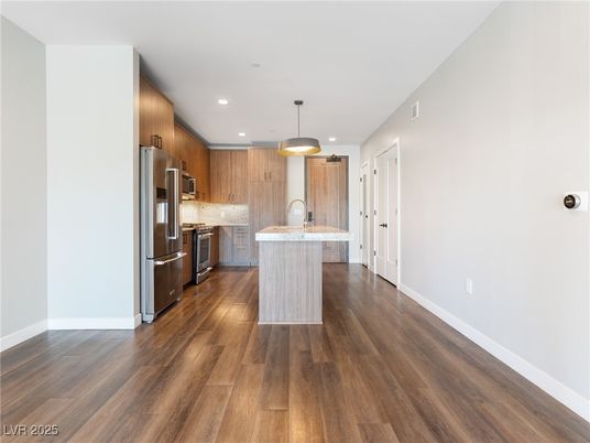 Interior, Kitchen, Pendant Lights, Recessed Lighting, Stainless Steel Appliances, Wood Texture Flooring