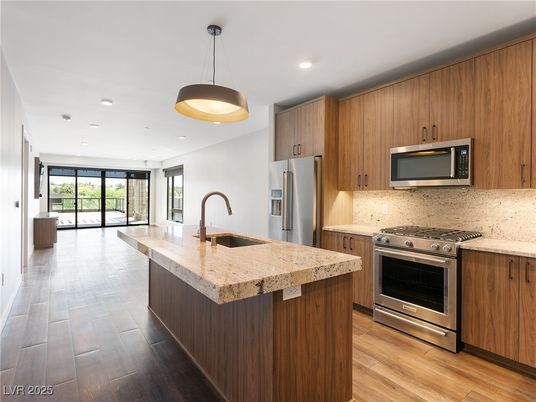 Interior, Kitchen, Pendant Lights, Recessed Lighting, Stainless Steel Appliances, Wood Texture Flooring