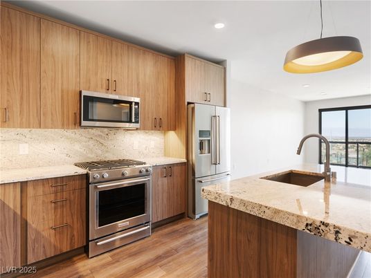 Interior, Kitchen, Pendant Lights, Recessed Lighting, Stainless Steel Appliances, Wood Texture Flooring