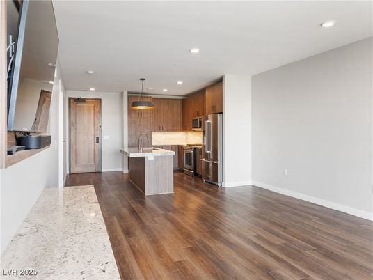 Interior, Kitchen, Pendant Lights, Recessed Lighting, Stainless Steel Appliances, Wood Texture Flooring