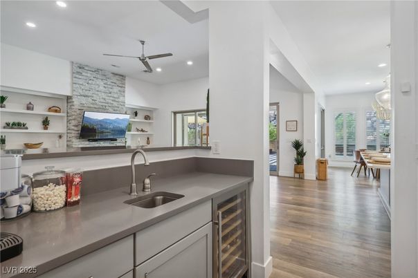 Dining room, Interior, Kitchen, Recessed Lighting, Stone Walls, Wood Texture Flooring