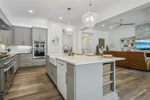 Interior, Kitchen, Pendant Lights, Recessed Lighting, Stainless Steel Appliances, Wood Texture Flooring