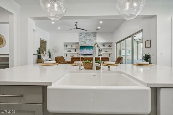 Interior, Kitchen, Pendant Lights, Recessed Lighting, Stone Walls