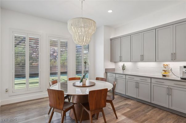 Chandelier, Dining room, Interior, Recessed Lighting, Wood Texture Flooring