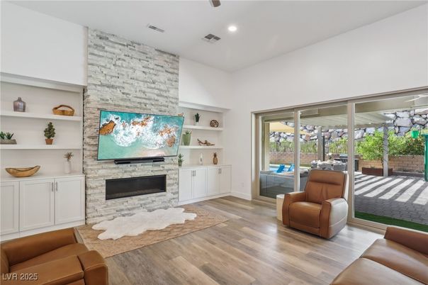 Fireplace, Interior, Recessed Lighting, Stone Walls, Wood Texture Flooring