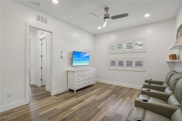 Home Theatre Room, Interior, Recessed Lighting, Wood Texture Flooring