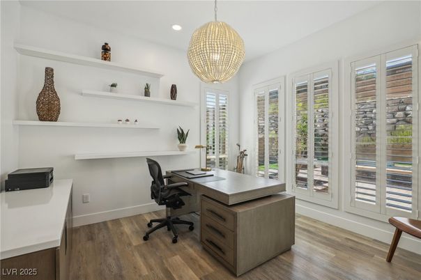Chandelier, Home Office, Interior, Pendant Lights, Recessed Lighting, Wood Texture Flooring