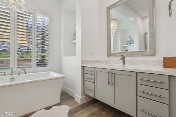 Bathroom, Dual Sink Vanities, Free Standing Baths, Interior, Wood Texture Flooring