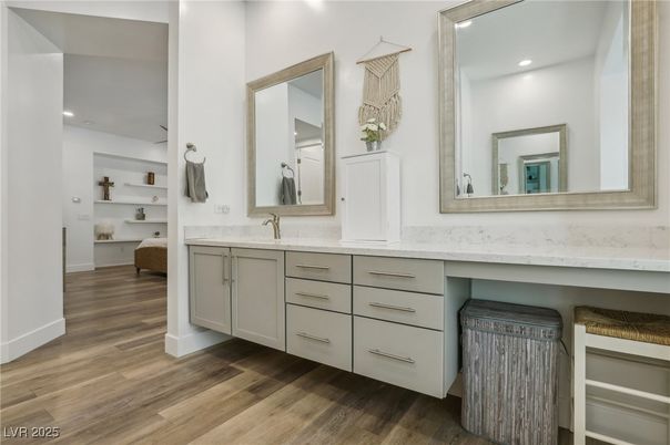 Bathroom, Dual Sink Vanities, Interior, Recessed Lighting, Wood Texture Flooring