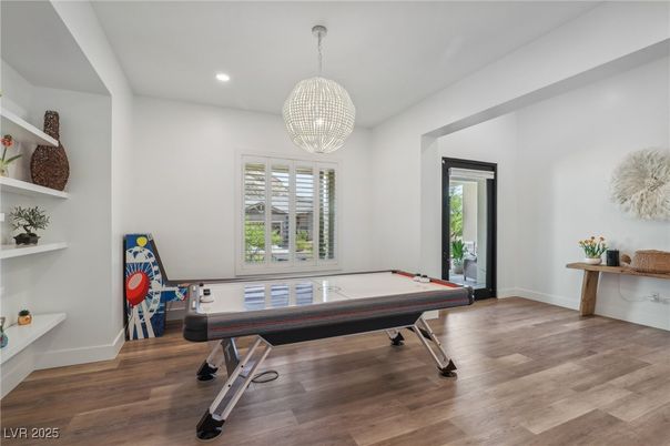 Billiard Table, Chandelier, Game Room, Interior, Pendant Lights, Recessed Lighting, Wood Texture Flooring