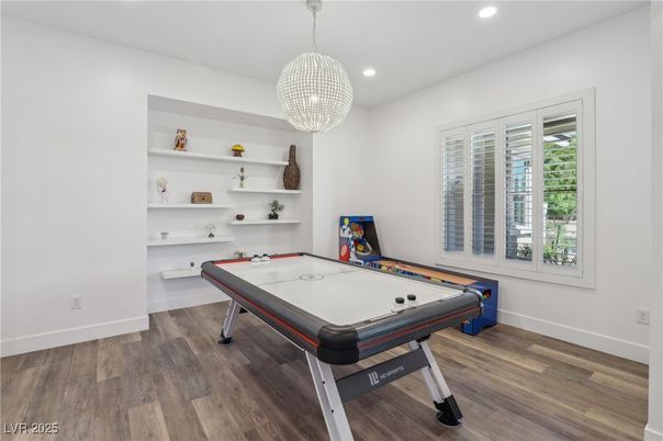 Billiard Table, Game Room, Interior, Pendant Lights, Recessed Lighting, Wood Texture Flooring