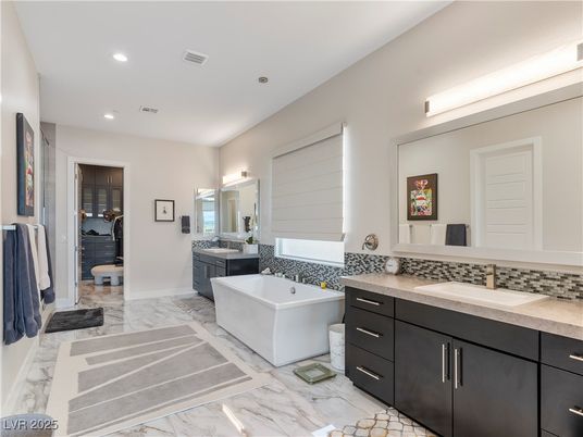 Bathroom, Dual Sink Vanities, Free Standing Baths, Interior, Marble, Recessed Lighting