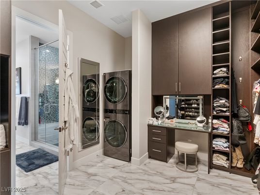 Bathroom, Glass Shower, Interior, Marble, Utility Closets, Washer