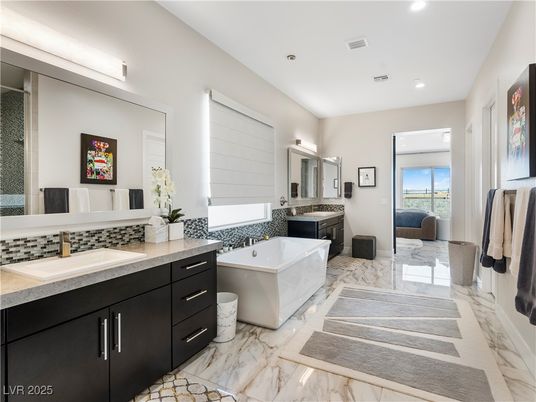 Bathroom, Dual Sink Vanities, Free Standing Baths, Interior, Marble, Recessed Lighting