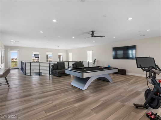 Billiard Table, Fitness Equipment, Game Room, Interior, Recessed Lighting, Wood Texture Flooring
