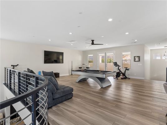Billiard Table, Fitness Equipment, Game Room, Interior, Recessed Lighting, Wood Texture Flooring