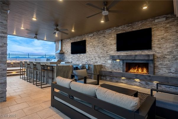 Fireplace, Interior, Recessed Lighting, Stone Walls