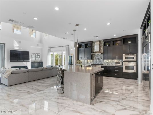 Interior, Kitchen, Living room, Marble, Pendant Lights, Recessed Lighting, Stainless Steel Appliances