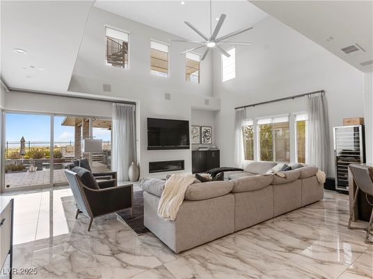 Fireplace, Interior, Living room, Marble, Pendant Lights, Recessed Lighting