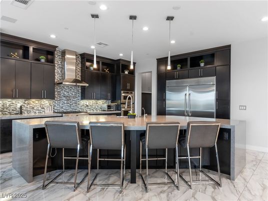 Interior, Kitchen, Marble, Pendant Lights, Recessed Lighting, Stainless Steel Appliances