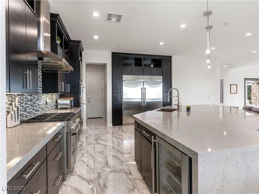 Interior, Kitchen, Marble, Pendant Lights, Recessed Lighting, Stainless Steel Appliances