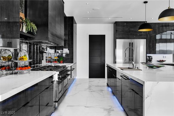 Interior, Kitchen, Marble, Pendant Lights, Recessed Lighting, Stainless Steel Appliances