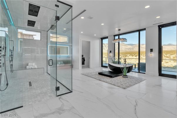Bathroom, Free Standing Baths, Glass Shower, Interior, Marble, Recessed Lighting
