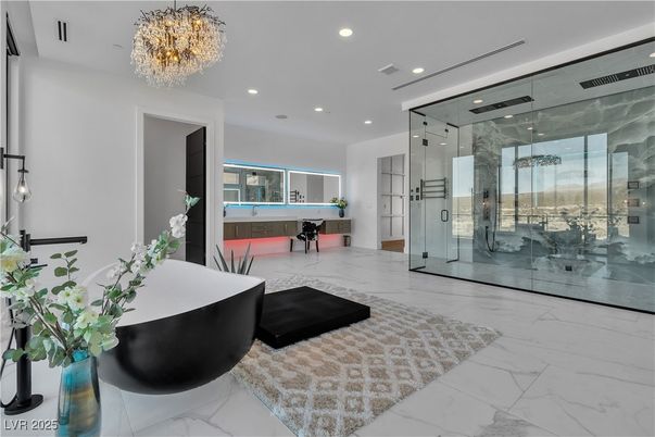 Bathroom, Chandelier, Free Standing Baths, Glass Shower, Interior, Marble, Recessed Lighting