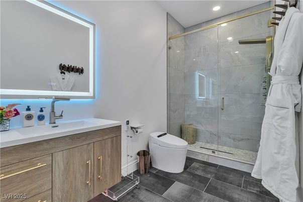 Bathroom, Glass Shower, Interior, Marble Walls, Recessed Lighting