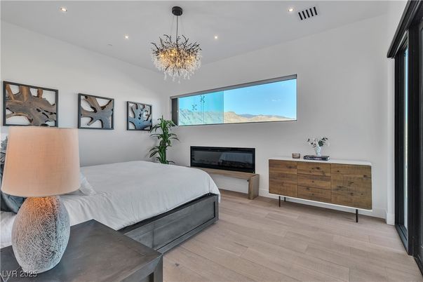 Bedroom, Chandelier, Interior, Recessed Lighting, Wood Texture Flooring