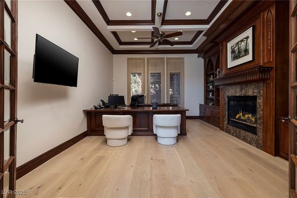 Fireplace, Home Office, Interior, Recessed Lighting, Wood Texture Flooring