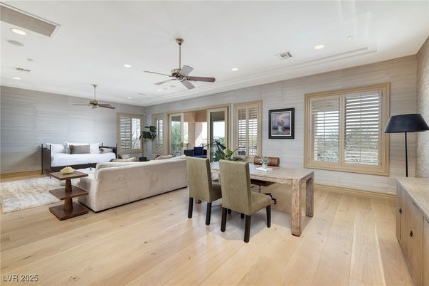 Dining room, Interior, Living room, Recessed Lighting, Wood Texture Flooring
