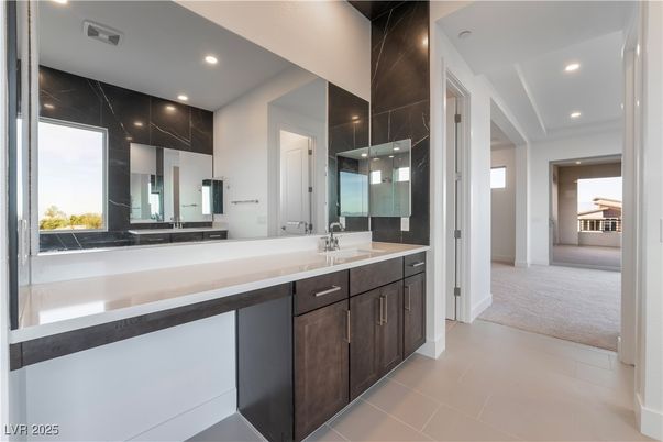 Bathroom, Dual Sink Vanities, Interior, Marble Walls, Recessed Lighting