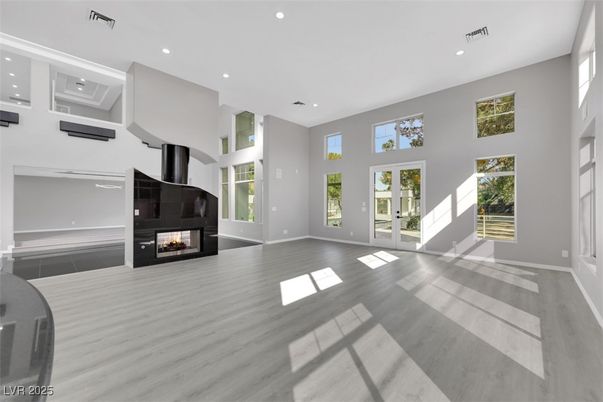 Empty room, Fireplace, Interior, Recessed Lighting, Wood Texture Flooring