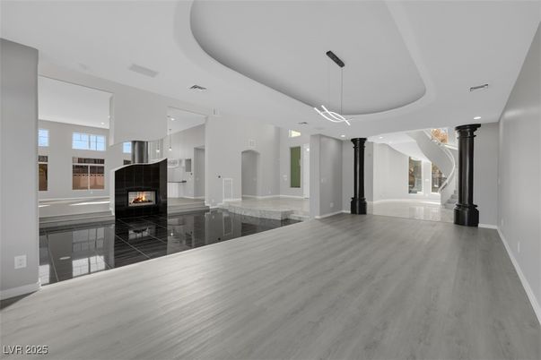 Fireplace, Interior, Pendant Lights, Recessed Lighting, Wood Texture Flooring
