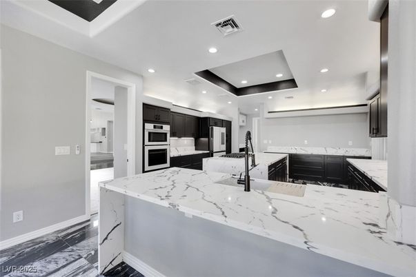 Interior, Kitchen, Marble, Recessed Lighting, Stainless Steel Appliances