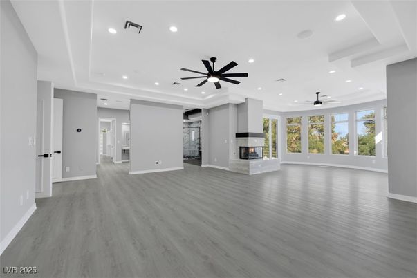 Empty room, Fireplace, Interior, Recessed Lighting, Wood Texture Flooring