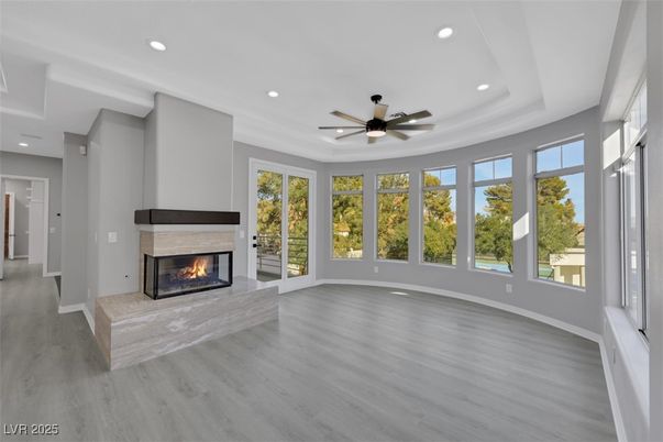 Empty room, Fireplace, Interior, Recessed Lighting, Wood Texture Flooring