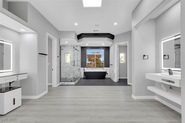 Bathroom, Glass Shower, Interior, Marble Walls, Recessed Lighting, Wood Texture Flooring