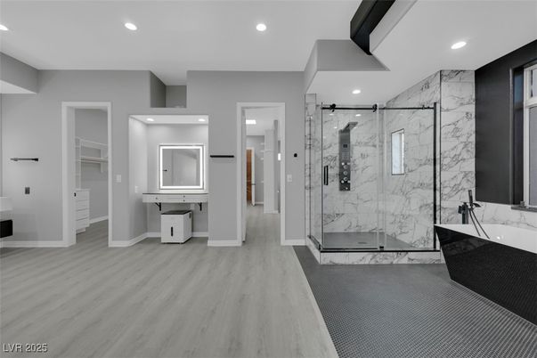 Bathroom, Glass Shower, Interior, Marble Walls, Recessed Lighting, Wood Texture Flooring