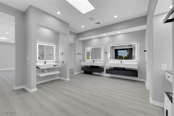 Bathroom, Dual Sink Vanities, Interior, Recessed Lighting, Wood Texture Flooring