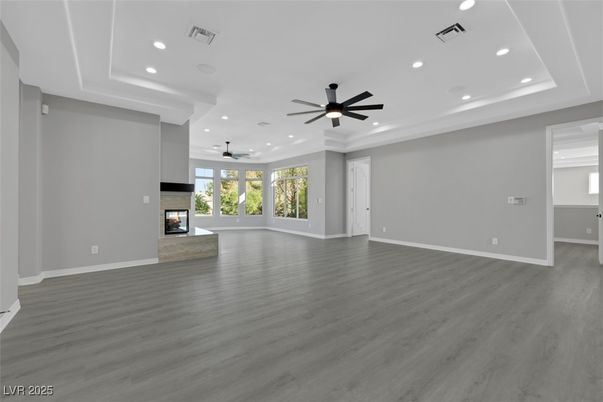 Empty room, Fireplace, Interior, Recessed Lighting, Wood Texture Flooring