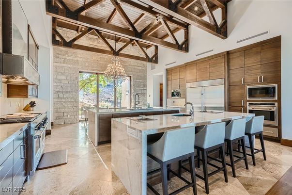 Chandelier, Interior, Kitchen, Pendant Lights, Stainless Steel Appliances, Stone Walls, Wooden Beams, Wooden Ceilings