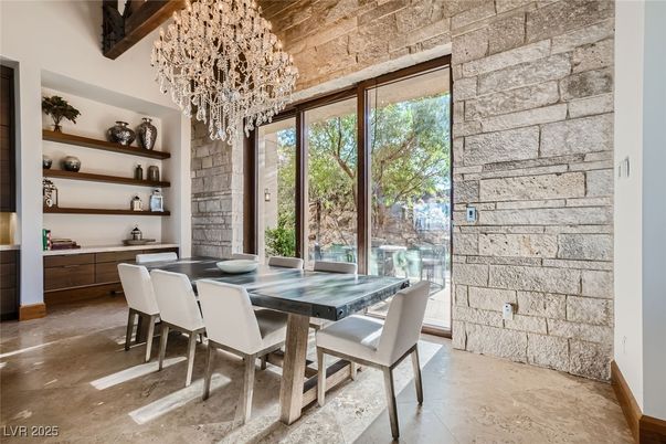 Chandelier, Dining room, Interior, Stone Walls, Wooden Beams